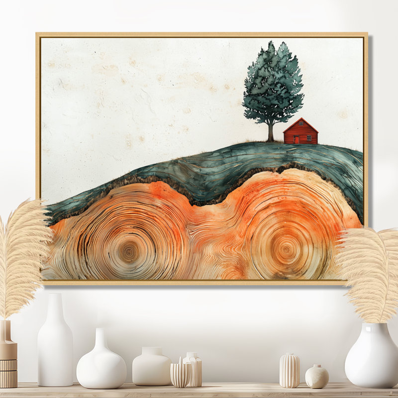 Grange rouge audacieuse dans un paysage de ferme en automne II - art mural de grange, H 12 po x l 20 po, Cadre flottant, Brun
