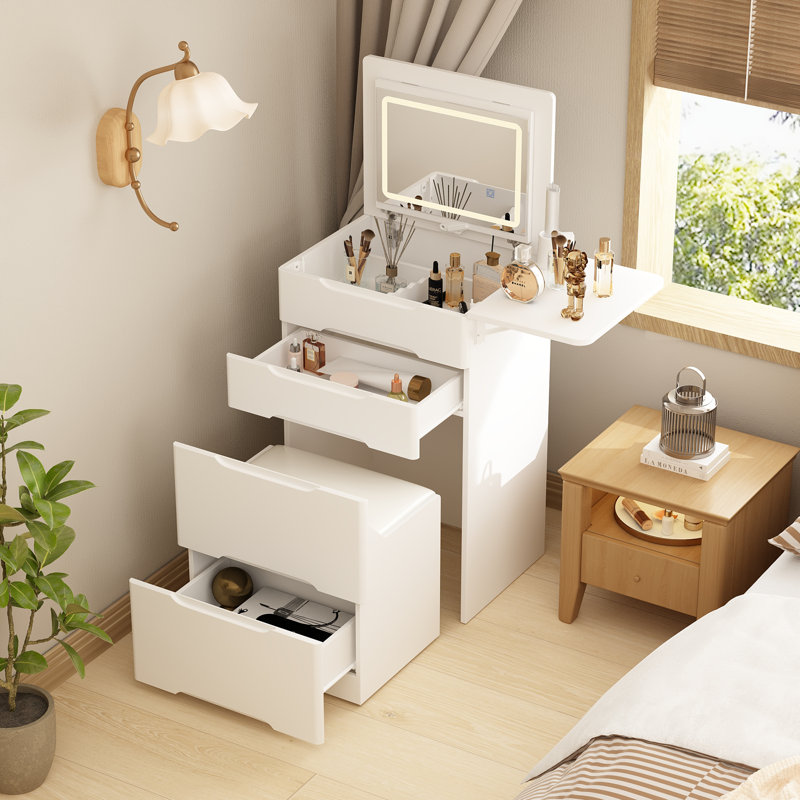 White Folding Vanity Dressing Table With Lighted Mirror & Storage Drawers