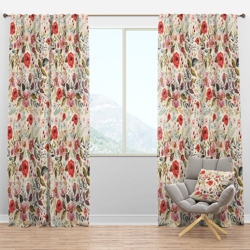 Panneau de rideau simple semi-diaphane avec motif floral rétro et fleur rouge rétro, L 52 po x L 63 po