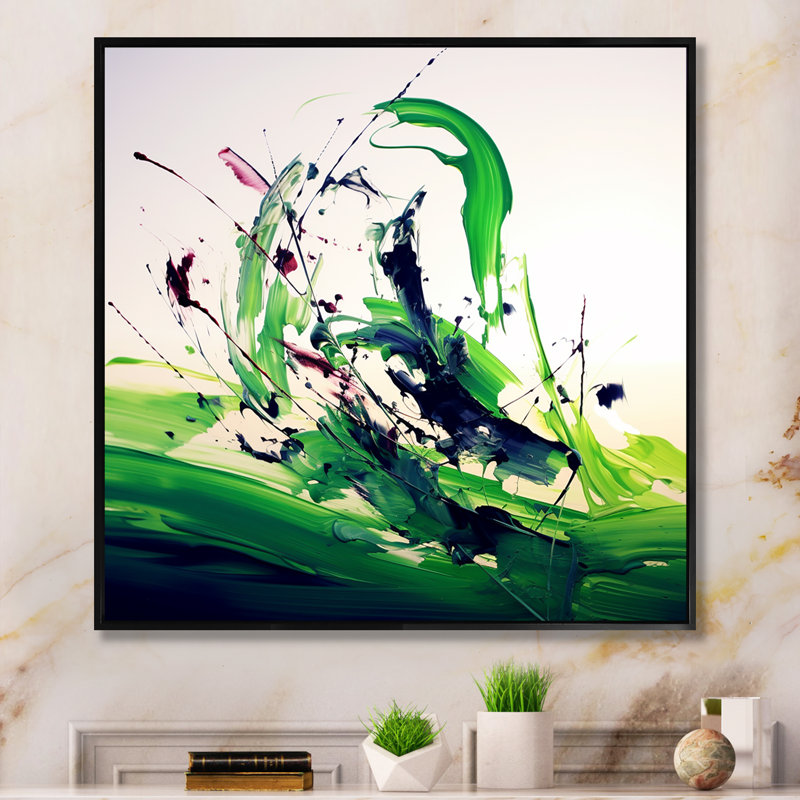 «Green and White Abstract Ink Expression IV», art mural abstrait, Cadre flottant noir, H 16 po x l 16 po x P 1 po