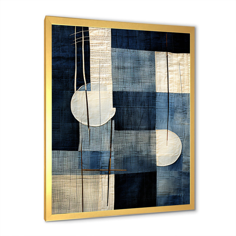 Collage géométrique bleu azur - Collages abstraits, Cadre doré simple, H 20 po x l 12 po x P 1 po