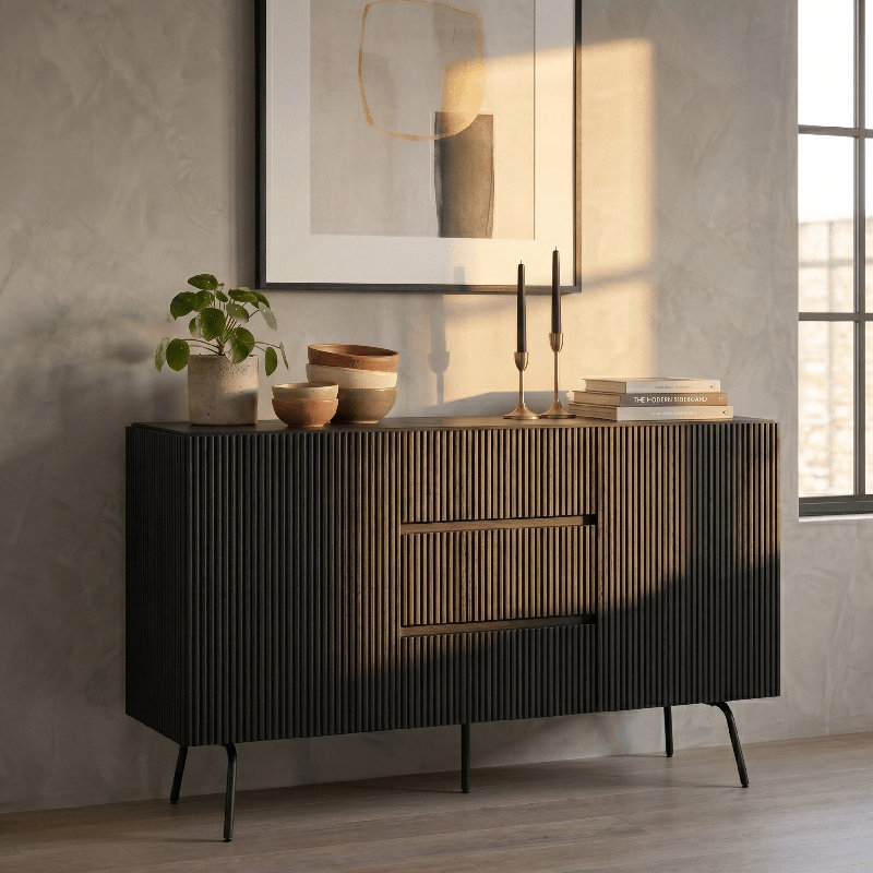 Sideboard Drawers Buffet Cabinet with Groove Design and Metal Legs, Storage Cabinet for Living Room, Dining Room, and Entryway, Effortless Assembly