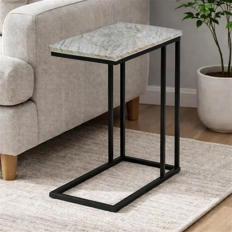 C-Shaped End Table with Marble Top and  Metal Frame, 16.25" W x 9.5" D x 24.75" H, Toronto, Black