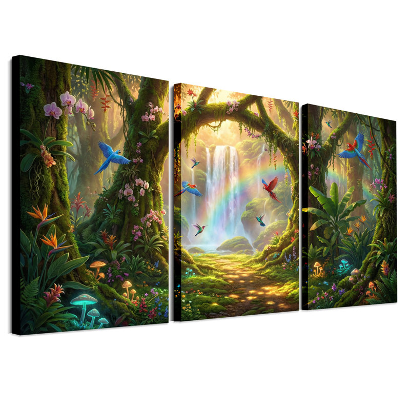 "Green Forest Waterfall" avec arc-en-ciel et ensemble de 3 toiles, H 24 po x l 16 po x 3 pièces