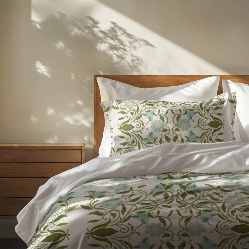 Ensemble d'édredon léger Colette, Édredon grand + 2 taies d'oreiller standard, Motif floral vert