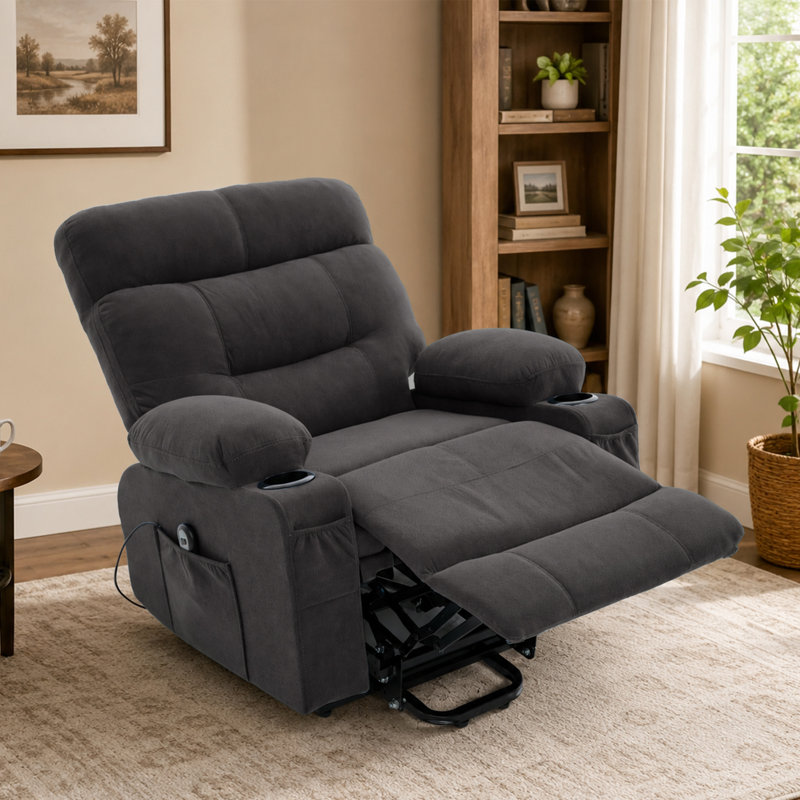 Fauteuil inclinable manuel en tissu de lin de 33,5 po de largeur avec porte-gobelet intégré Romony, Grey