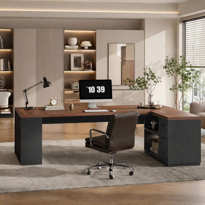 Bureau de direction en L 86,6 po avec 3 tiroirs de rangement et tablettes ouvertes
