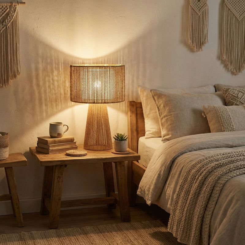 18.5" Boho Brown Rattan Table Lamp, Woven Table Lamps with Fabric Shade for Bedroom and Living Room