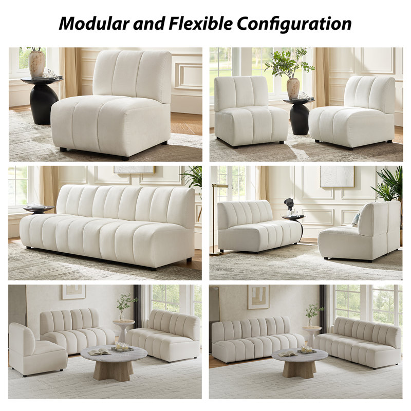 Shalon 84" Modern Chenille 6-Piece Modular Channel Tufted Living Room Sets, Ivory