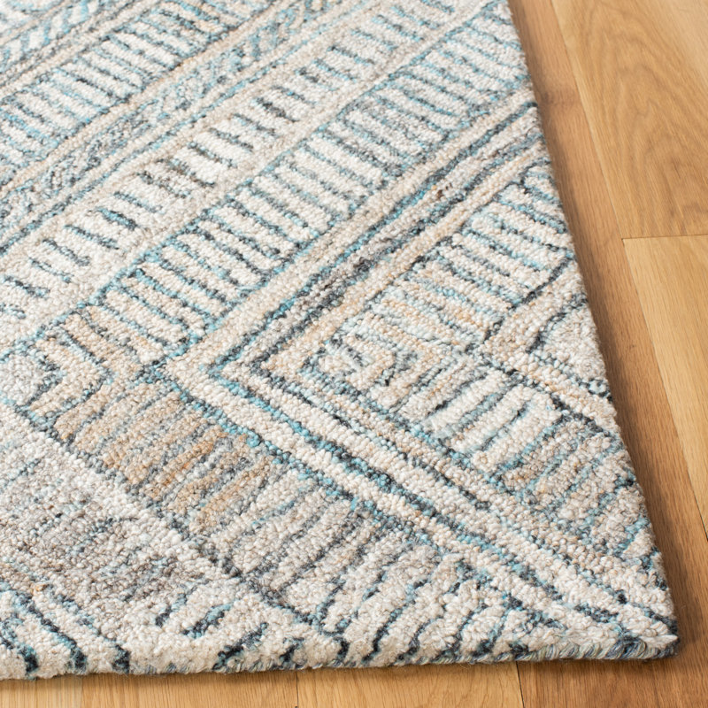Turquoise and Beige Hand-Tufted Wool Geometric Square Rug