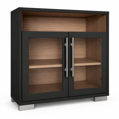 Armoire de rangement 31,5 "à portes en verre ultrabrillant avec tablettes et pieds galvanisés, noir