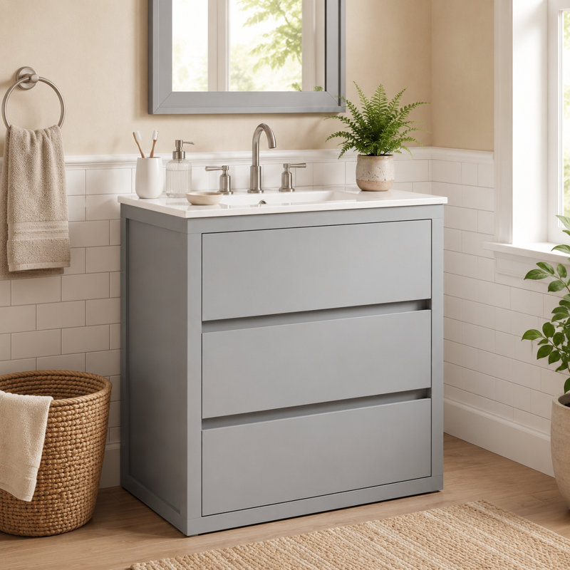 Meuble-lavabo autoportant gris clair mat avec quincaillerie en nickel