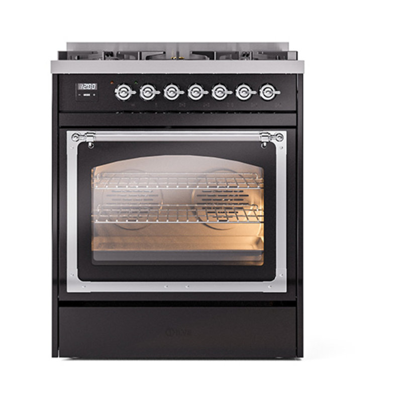 ILVE Nostalgie II Noblesse 30 in Dual Fuel Range, Liquid Propane, Glossy Black/Chrome