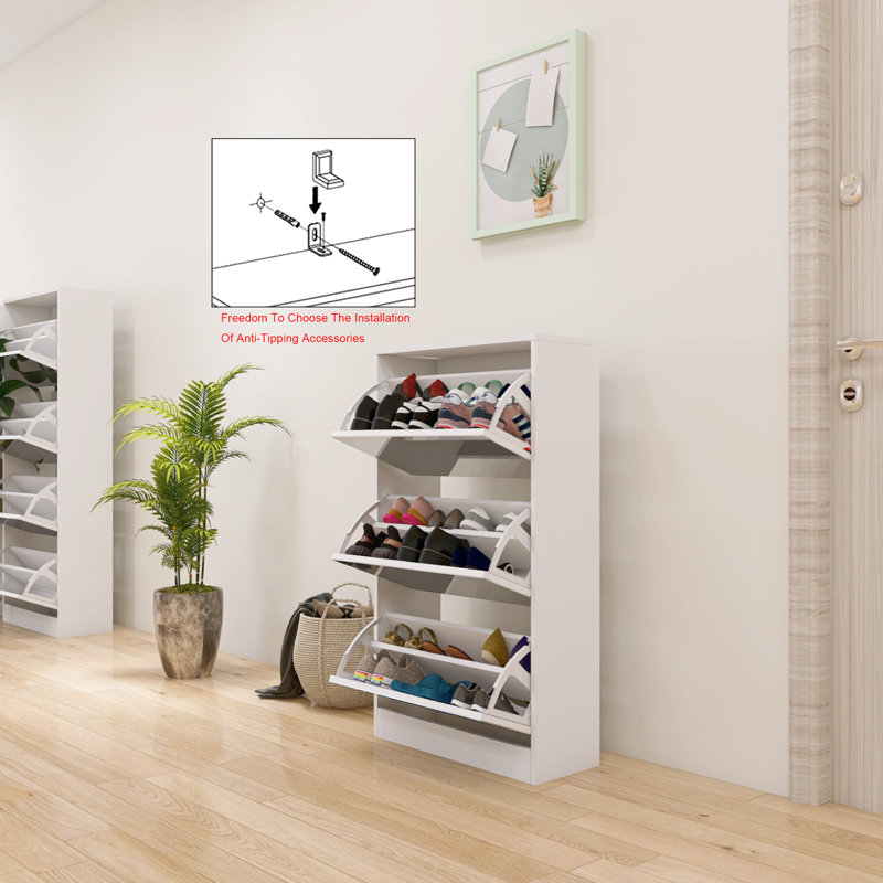 Armoire à chaussures 3 niveaux en bois avec miroir, pour maison et appartement, blanc mat, tiroir escamotable blanc