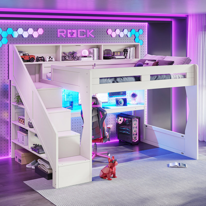Lit mezzanine pour grand lit avec escalier de rangement et tablettes de tête de lit ouvertes, bureau à DEL avec charge USB, cadre de lit mezzanine surélevé avec découpe en forme de maison pour les joueurs, beige
