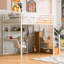 Lit mezzanine double en métal avec garde-robe, bureau, tablettes de rangement, blanc