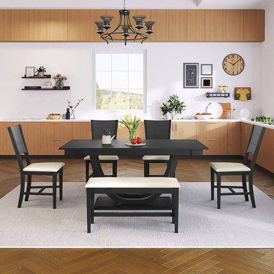 6-Piece Wood Half Round Dining Table Set Kitchen Table Set With Long Bench And 4 Dining Chairs, Modern Style