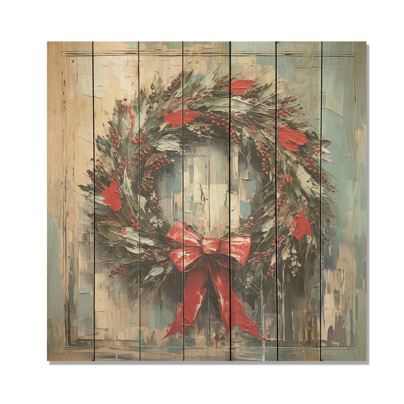 Couronne de Noël verte d'hiver III - couronne sur bois, H 15 po x l 15 po