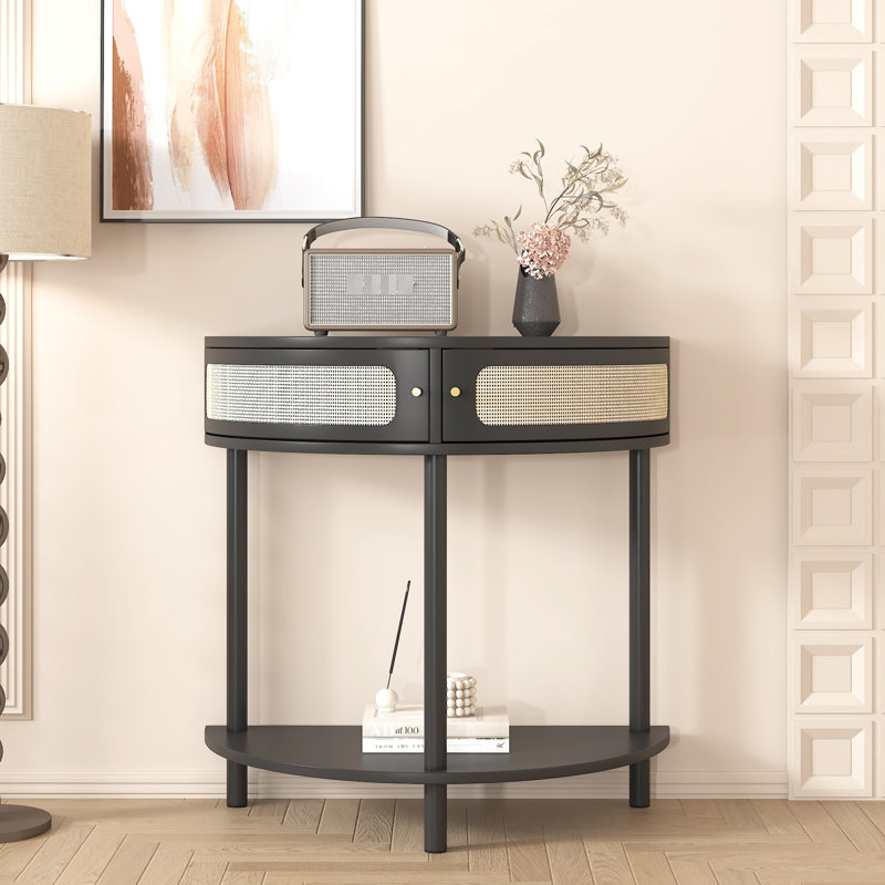 Table de bout en demi-cercle avec bois et éléments, support pour tablettes de rangement pour petites portes rondes à usage domestique, entrée ou vestibule idéale