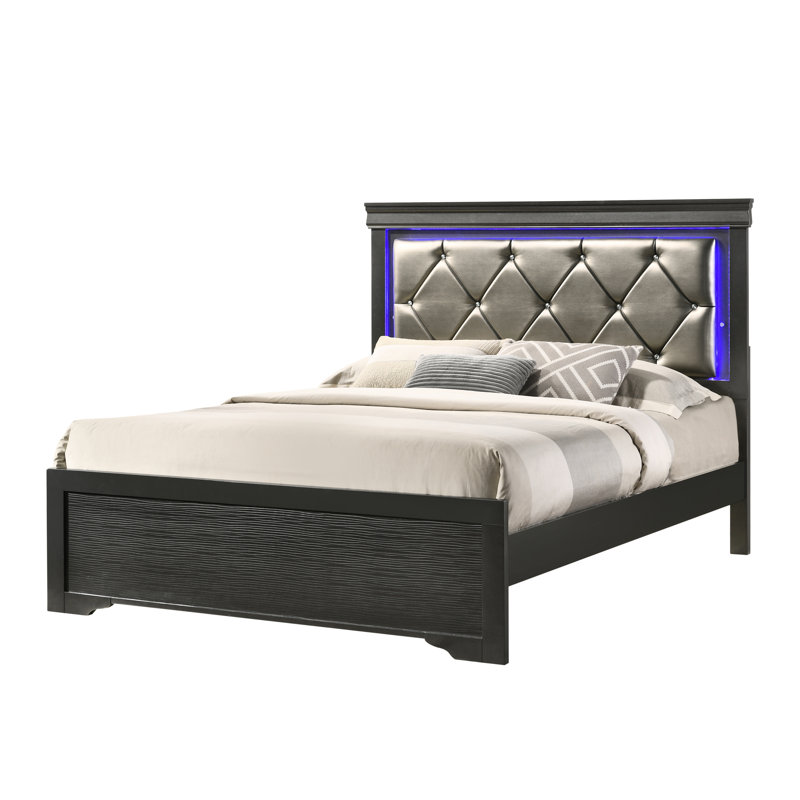Lit double confortable gris avec revêtement moderne et tête de lit à finition DEL