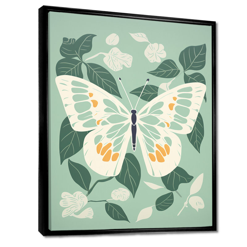 Papillon, ailes blanches sur fond vert - reproduction d'art mural papillon, Toile avec cadre noir, H 20 po x l 12 po x P 1 po
