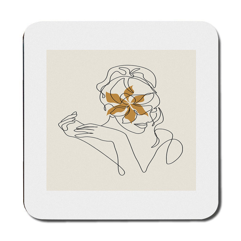 12 Piece Placemat And Coaster Set With Floral Line Art And Wood Bottom