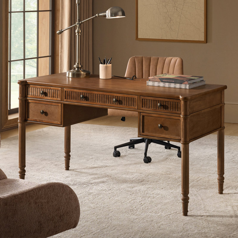 Hoai 55''W Transitional Fluted Simple Assembly Desk with Charging Station and Cable Management, Walnut