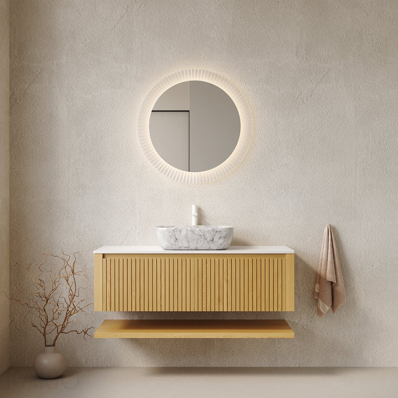 Meuble-lavabo 48 po, meuble de rangement flottant en contreplaqué avec tiroirs et tablette ouverte, vasque en céramique à motif marbré et plateau en pierre frittée blanche, pré-assemblé, couleur grain de bois de chêne Corolla