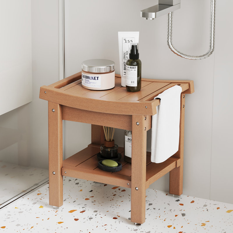 Banc de douche en PEHD Nalyjah, Teck, H 16,73 po x l 16,54 po x P 12,6 po