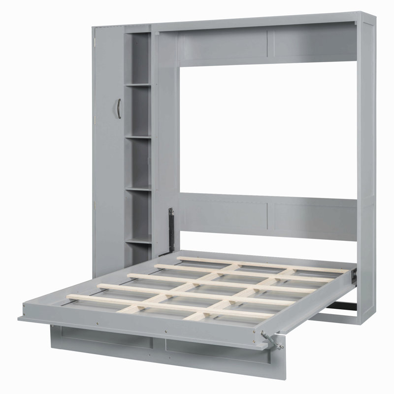 Lit escamotable mural Murphy avec tablettes, garde-robe et lumières DEL, Gris, Lit double