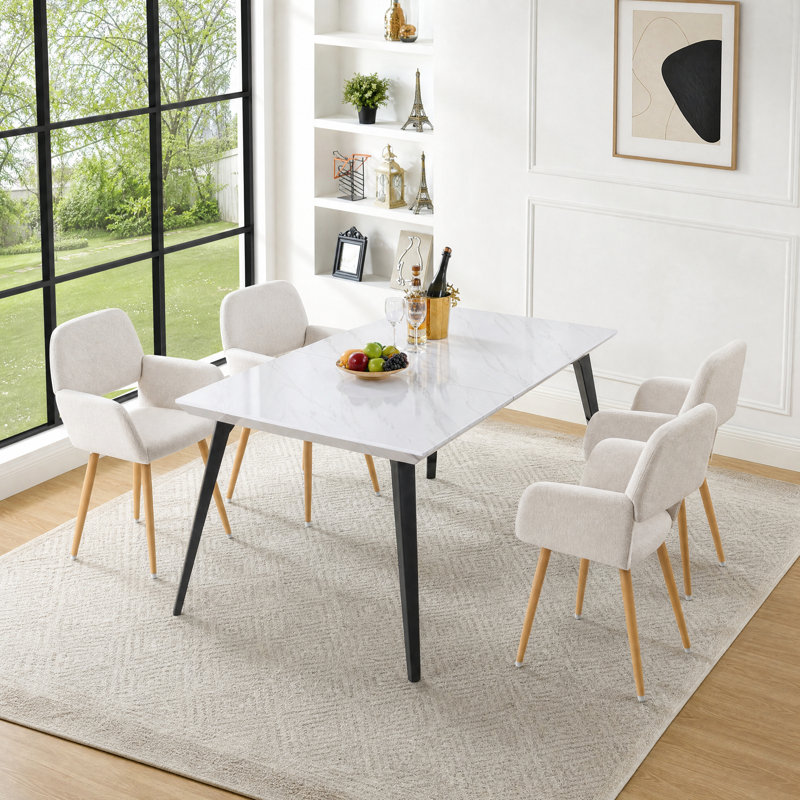 Ensemble de salle à manger 5 pièces 63 "en marbre blanc avec 4 fauteuils en tissu beige et pieds en métal noir, Beige