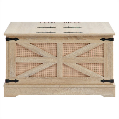 Table basse rectangulaire en PE en rotin avec rangement surélevé, plateau en panneau de fibres à densité moyenne, décorations en métal, 32 pouces, petits espaces de salon