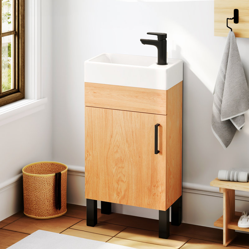 Meuble-lavabo de 16 pouces avec lavabo en céramique pour petit espace, Brun