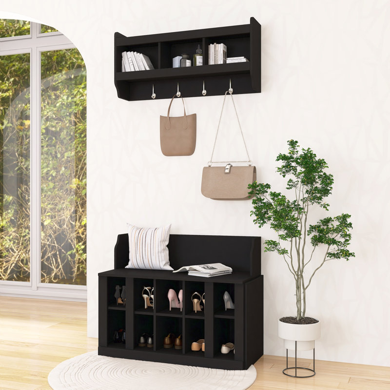 Banc de rangement pour chaussures avec tablettes et 4 crochets, Noir