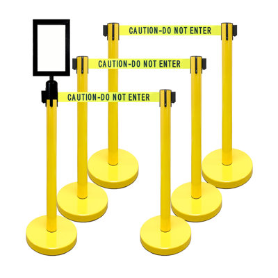 36" Retractable Belt Queue Safety Stanchion Barrier (6 Yellow w/78" Caution Belt+SF+W Receiver)