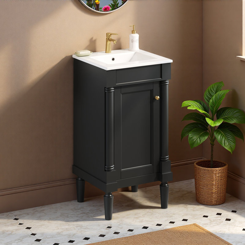18" French Style Bathroom Cabinet with Storage, Small Space Solution with Ceramic Sink, Adjustable Shelf, Black