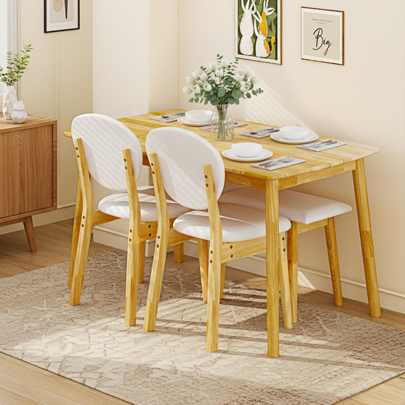 Ensemble de table à manger de 47 po pour 4 personnes, table de cuisine en bois massif avec banc et 2 chaises avec dossier rembourré