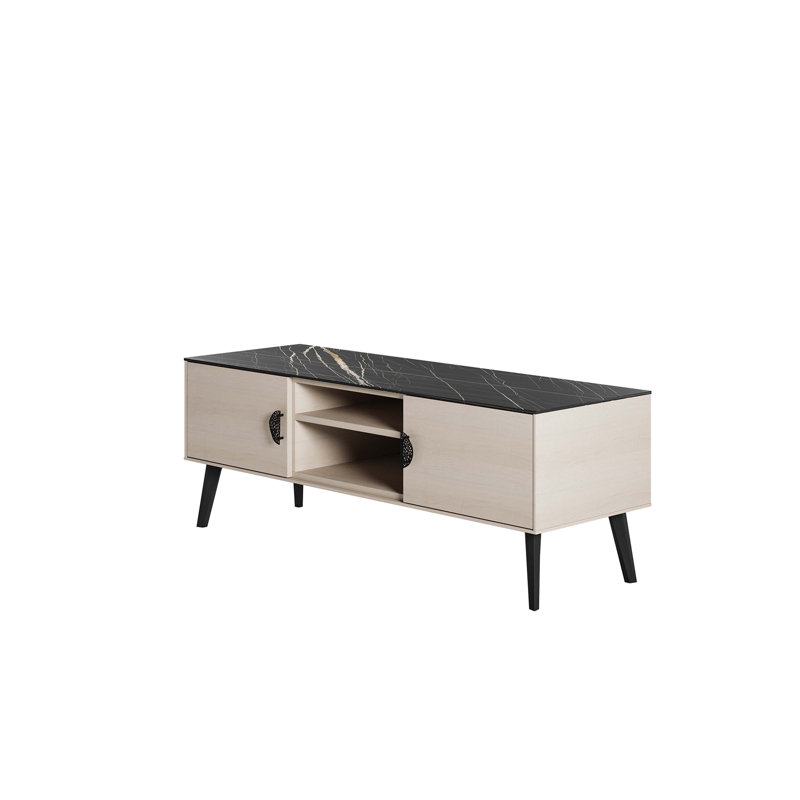 Haley 55.10" Mid-Century Modern TV Stand, White/Black Marble