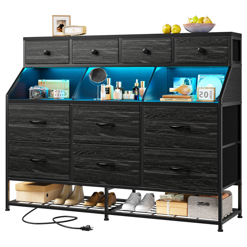 Dresser For Bedroom, Bedroom Dresser With Shoe Rack & Open Shelves, 10 Fabric Drawer Dressers With Led Lights And Charging Station