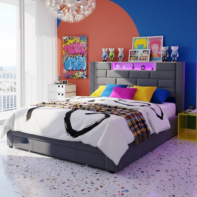 EU Sizes Upholstered Storage Bed With 3 Drawers, Velvet Bed Frame With Dual USB Ports & LED Headboard, Grey Velvet
