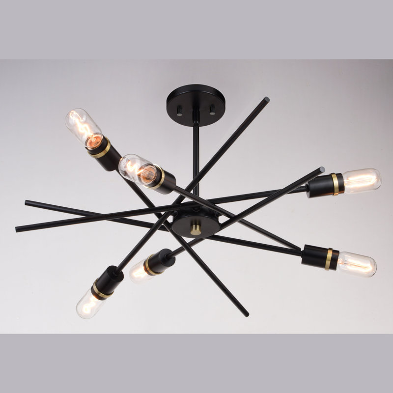 Luminaire suspendu de style Mid-Century moderne à 6 lumières de 24,25 po de largeur, noir et laiton satiné, compatible avec DEL, plafonnier suspendu à hauteur réglable pour table de salle à manger, cuisine, vestibule, chambre à coucher, îlot, vestibule