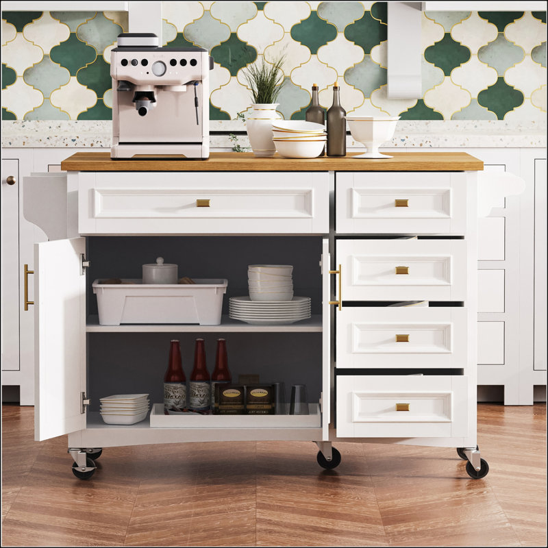 Vintage Style Kitchen Island with Drop Leaf, Embossed Texture, and Ample Storage on Wheels for Kitchens, White