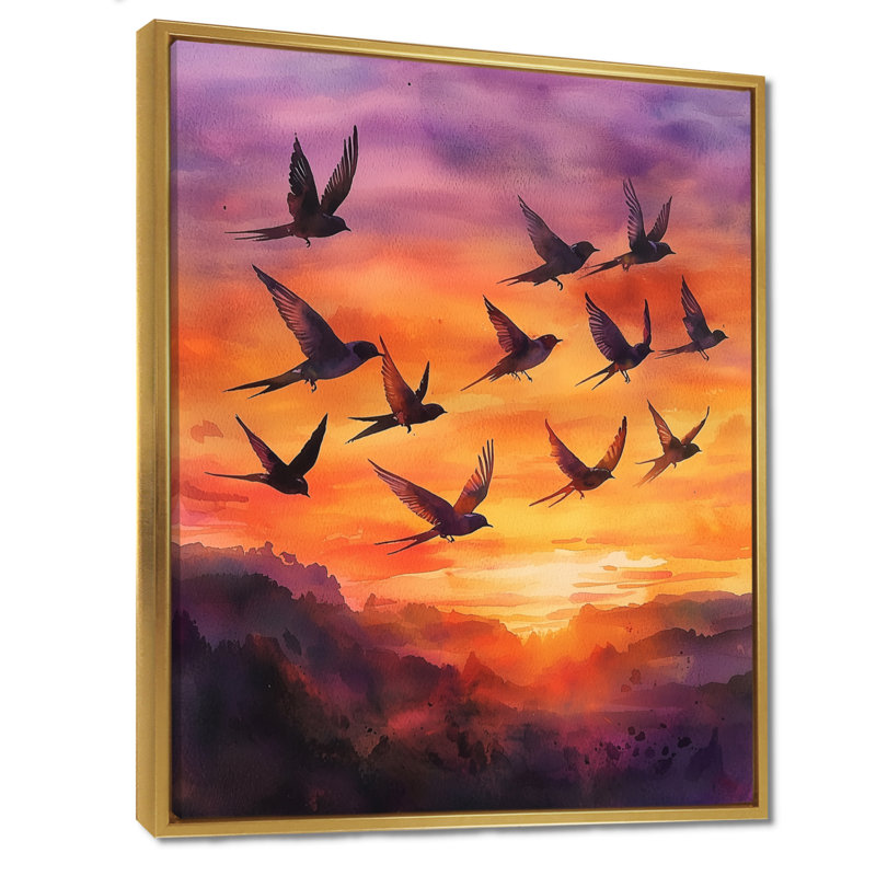 Lavande, hirondelles, oiseaux au coucher du soleil II - décoration murale oiseau, H 20 po x l 12 po, Doré