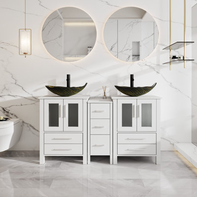 60" Freestanding Double Veseel Sink Bathroom Vanity Combo, Faucet and Pop Up Drain