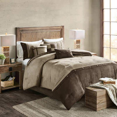 Édredon brun très grand 7 pièces - Faux suède, style chalet avec boutons, coussins décoratifs, literie lavable à la machine