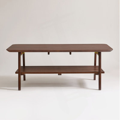 Wooden Coffee Table with Storage Shelf, Mid-Century Rectangular Center Table for Living Room