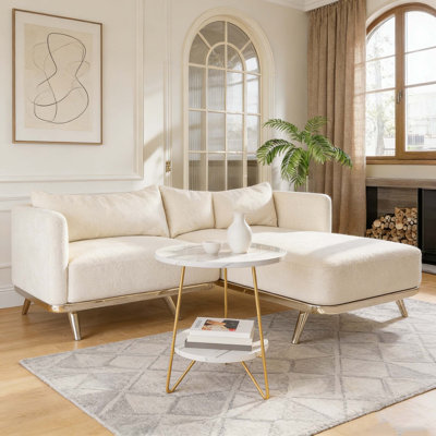 Faux Marble End Table, 2-Tier Round Sofa Bedside Table with Shelves
