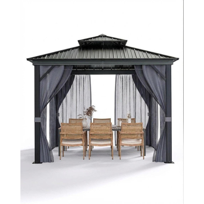 8 ft x 8 ft Hardtop Gazebo with Aluminum Frame, Double Galvanized Steel Roof, Privacy Curtains and Netting, Gray Outdoor Patio Pavilion