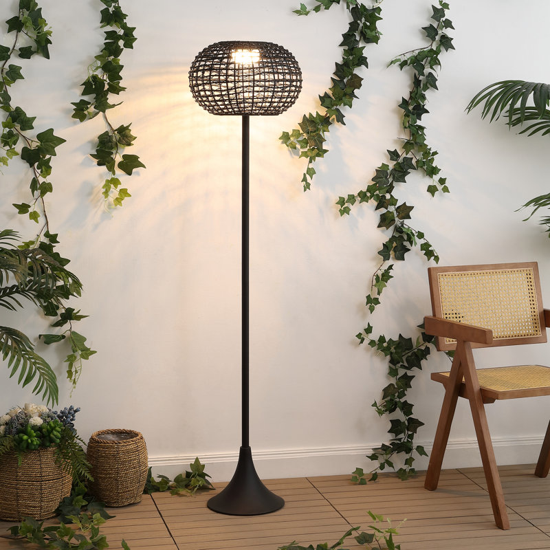 Jaemin 58" Modern Coastal Faux Rattan Integrated Indoor/Outdoor LED Solar Powered Floor Lamp, Black