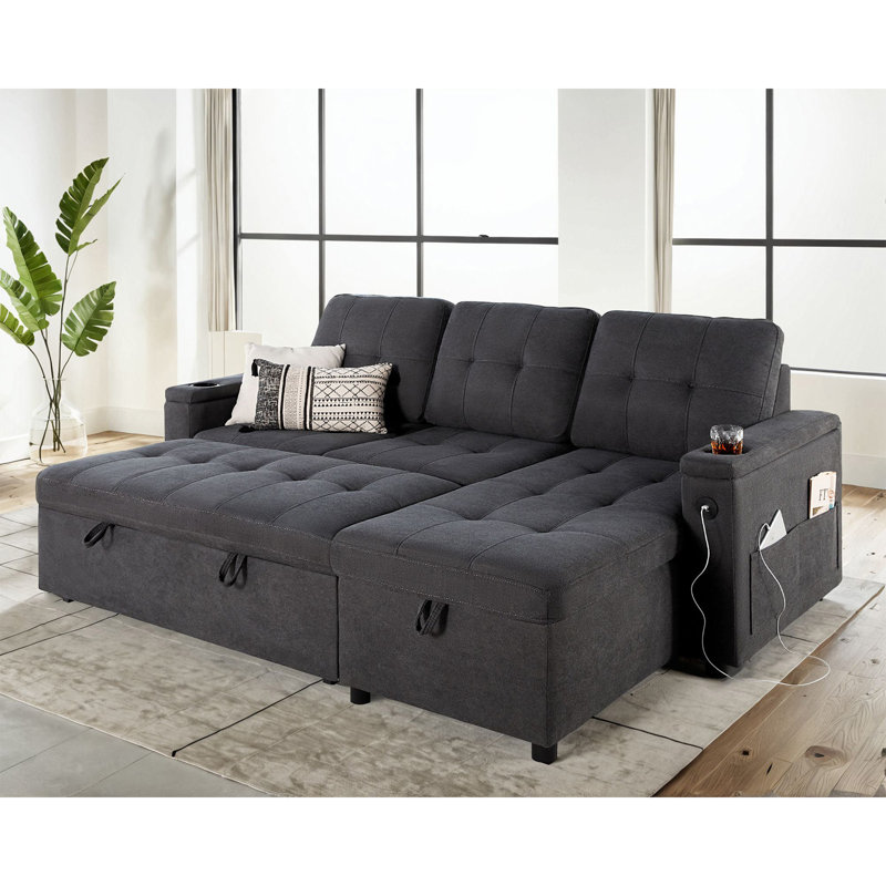 Sleeper Sofa Bed, 84 Inch Pull Out Couch With 2 USB & Cup Holders, Tufted L Shape Convertible Sofa With Storage Chaise